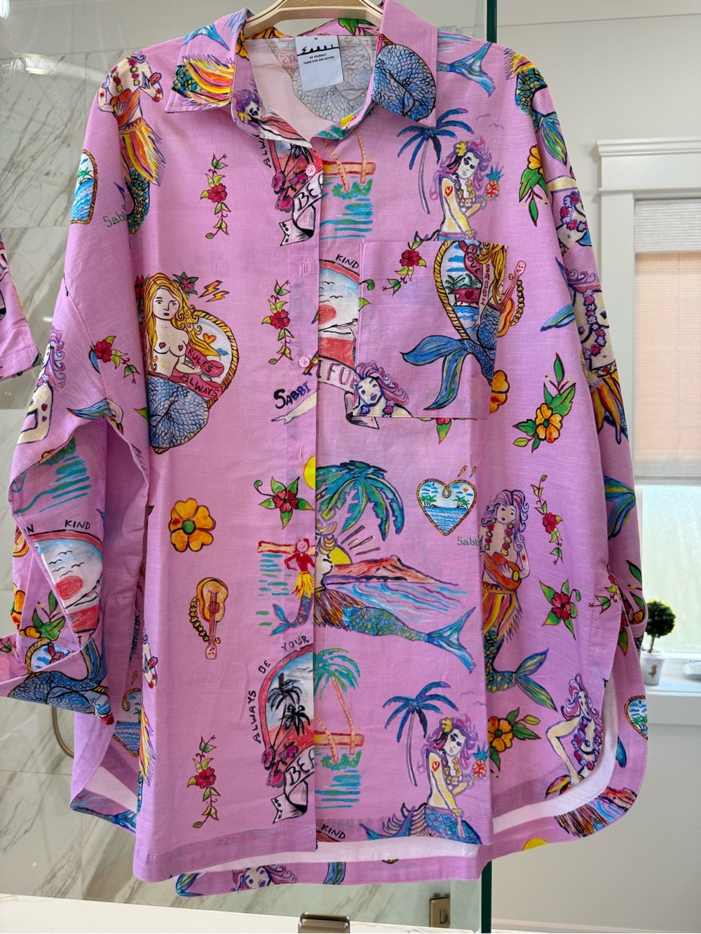 Sabbi NWT SET Women’s Pink Linen Mermaid Print Button-Down Shirt & Shots
